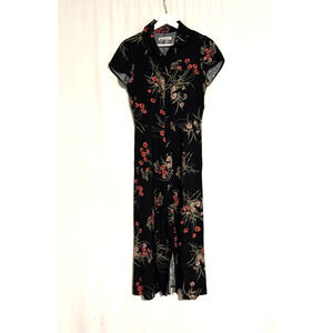 Reformation Dress Small Maxi Long Button Up Black Floral Collar Short Sleeve